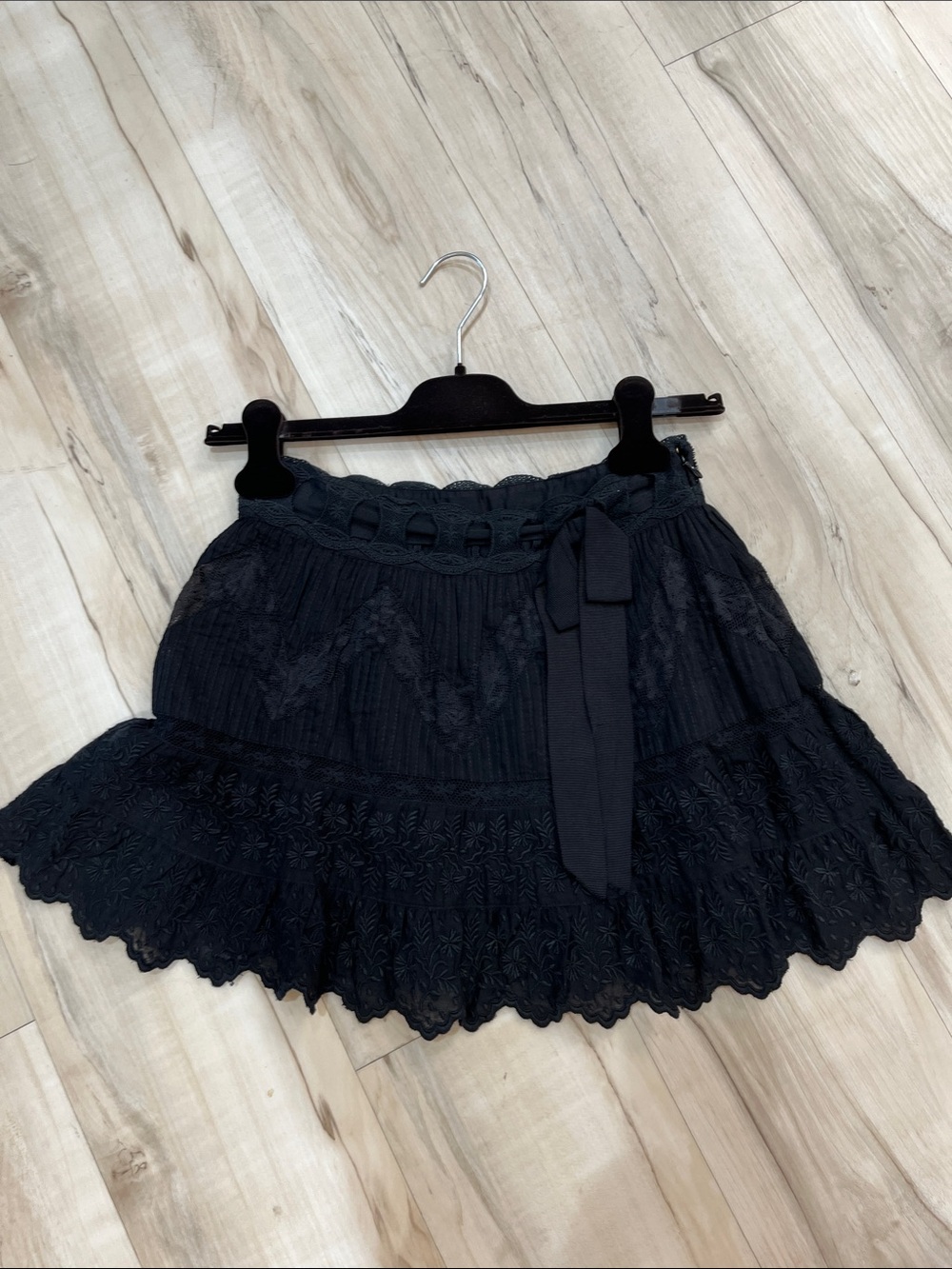LoveShackFancy Black Lace Tiered Mini Skirt